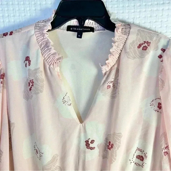 Gibson Look Dress Size XL Nasreen Smocked Tiered Floral Lined V-Neck Pink Peach - Picture 7 of 12